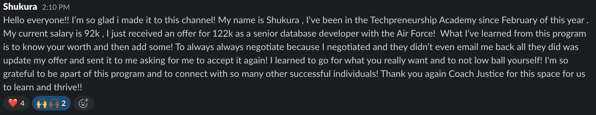 Community post from Shukura sharing a jump from a $92K salary to a $122K senior database developer offer with the Air Force